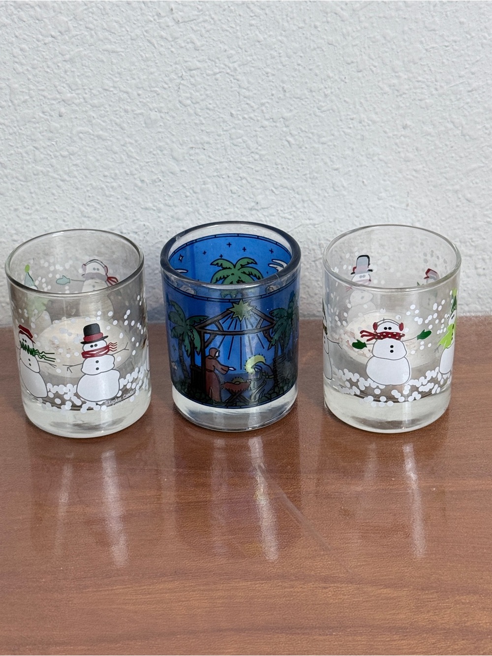 Vintage Glass Christmas Votive Candle Holders Snowmen & Nativity